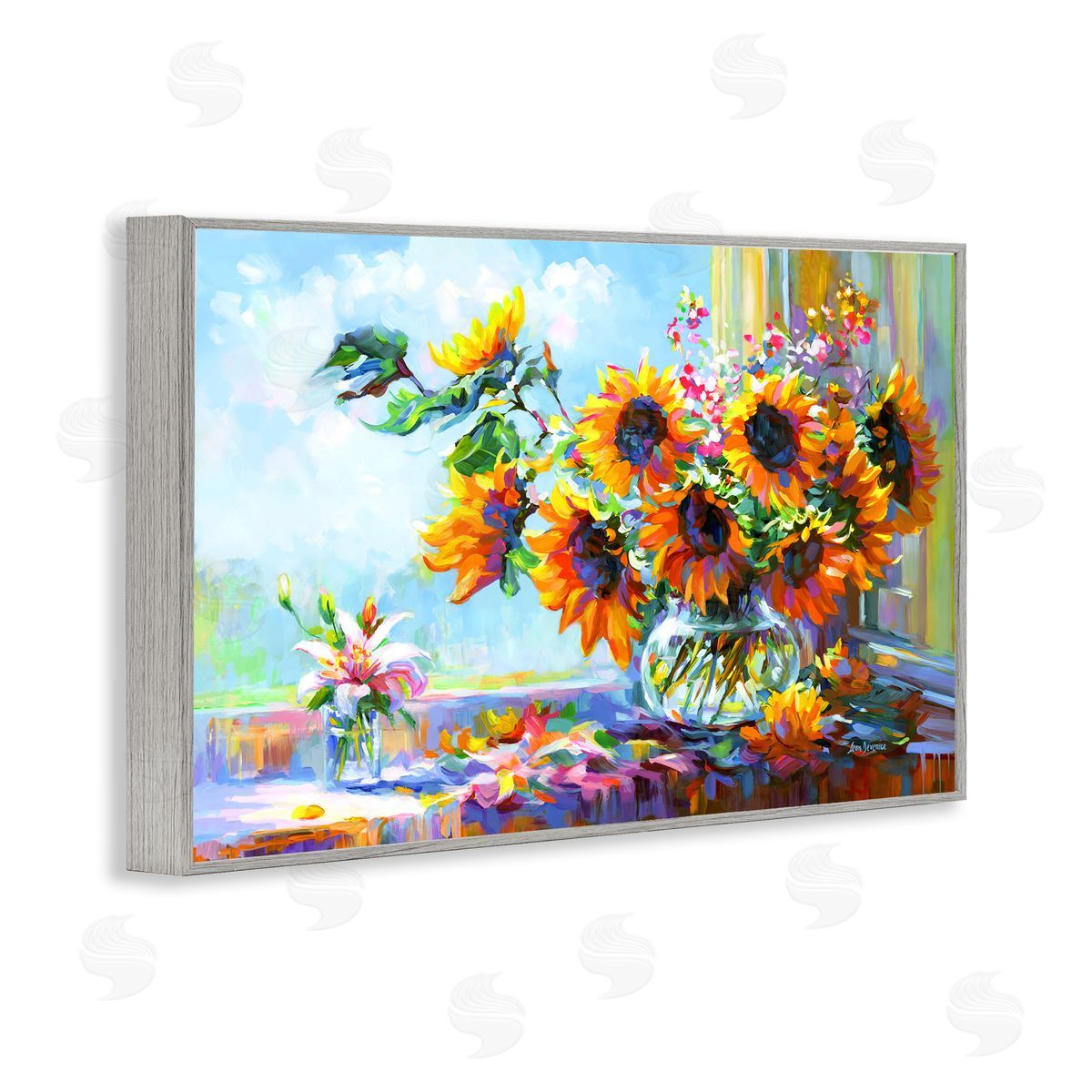 Sunflowers Morning Glory Grey Frame Print Wall Art, Home Decor by Leon Devenice