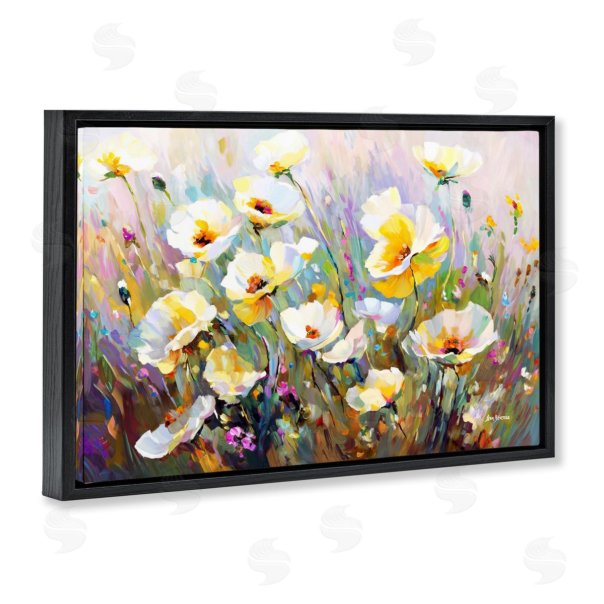 Sunlit Petals Embrace Black Floating Frame Canvas Wall Art, Home Decor by Leon Devenice