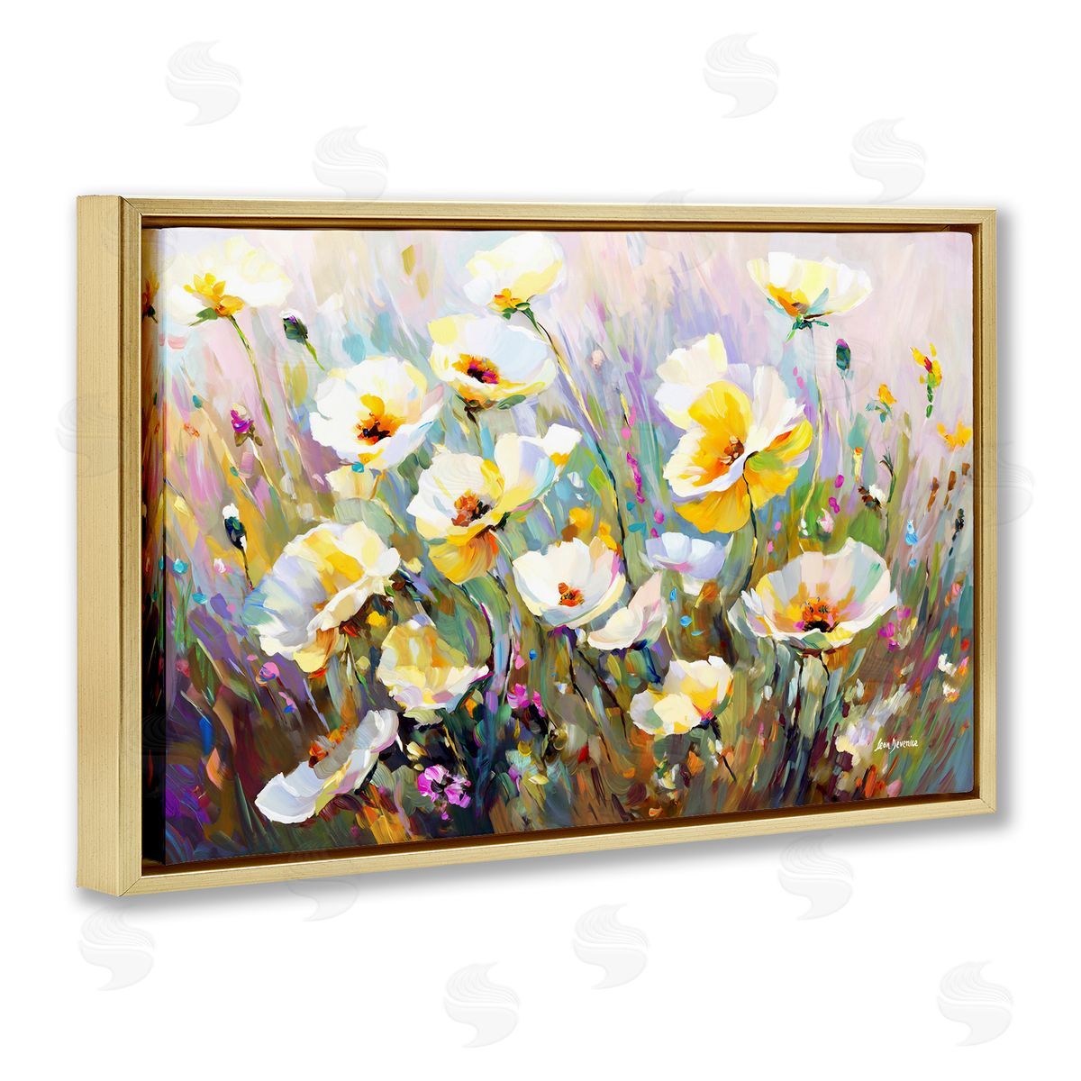 Sunlit Petals Embrace Gold Floating Frame Canvas Wall Art, Home Decor by Leon Devenice