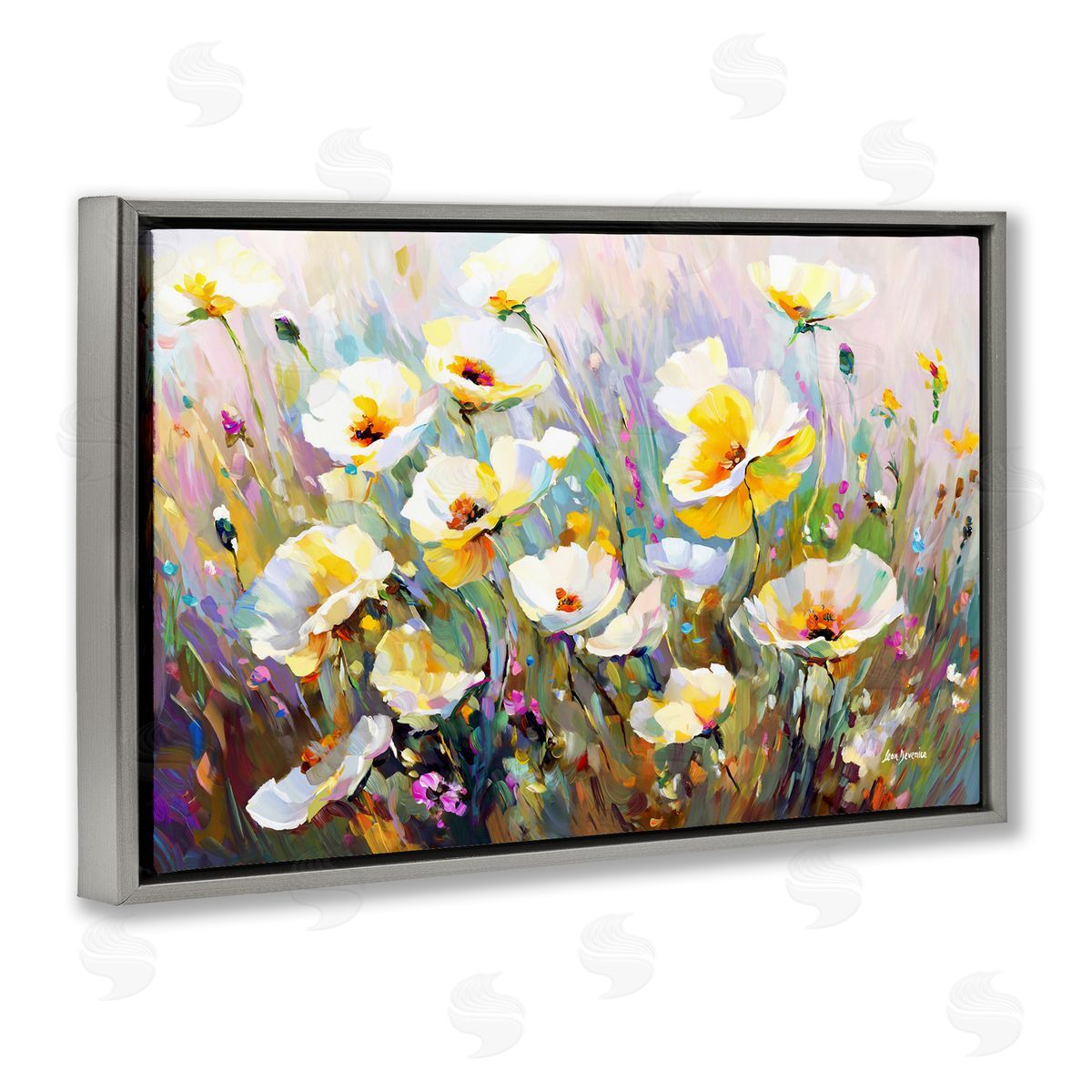 Sunlit Petals Embrace Grey Floating Frame Canvas Wall Art, Home Decor by Leon Devenice