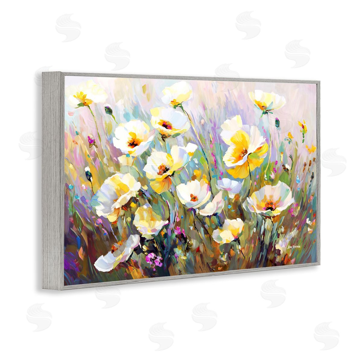 Sunlit Petals Embrace Grey Frame Print Wall Art, Home Decor by Leon Devenice