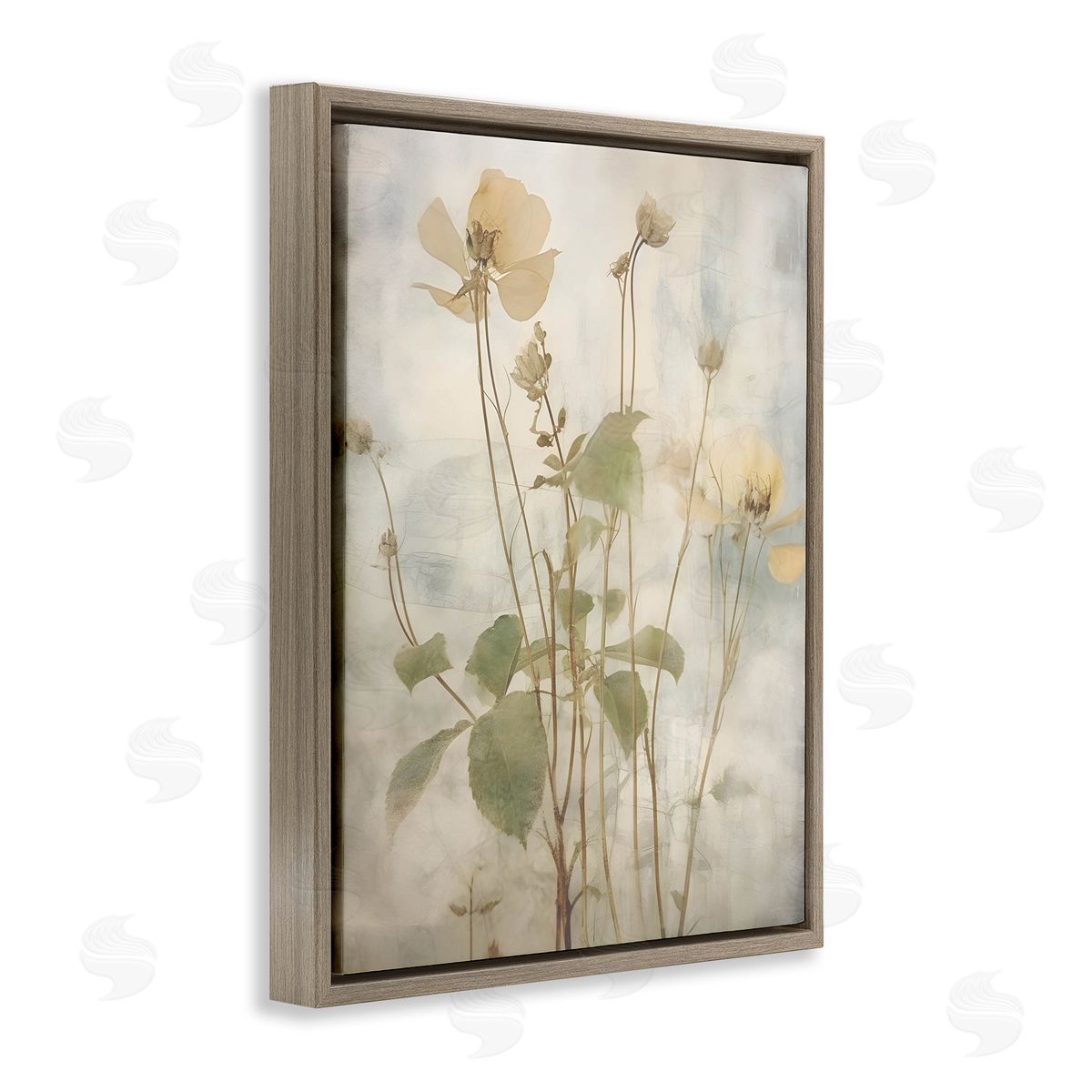 Lettered and Lined Soft Botanicals Pattern Brown Floating Frame Canvas Wall Art Print