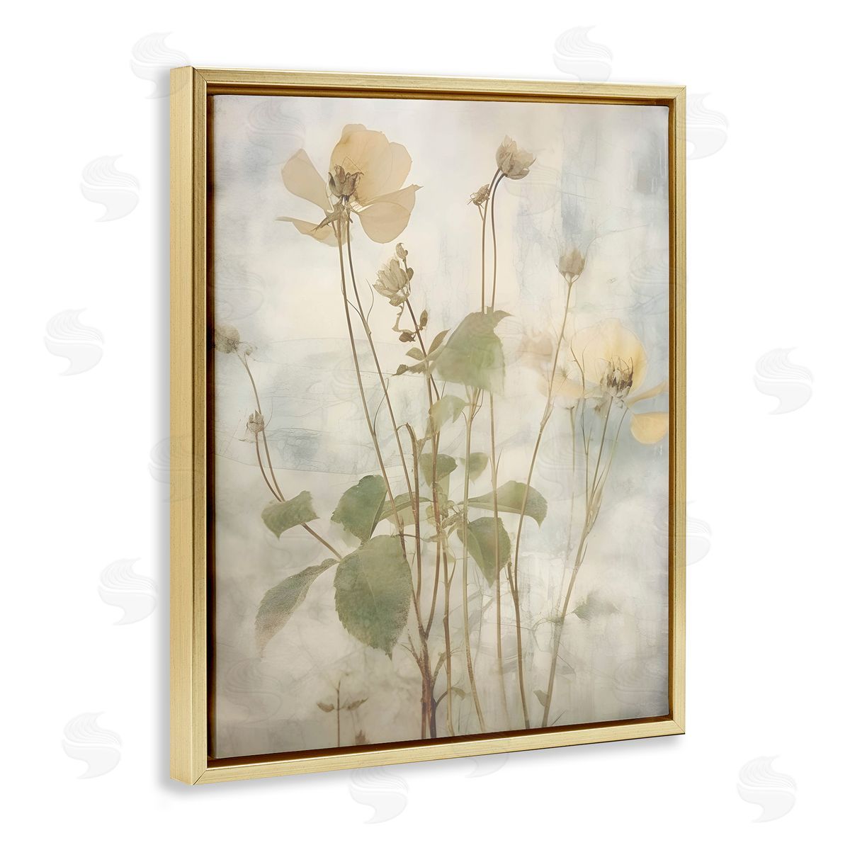 Lettered and Lined Soft Botanicals Pattern Gold Floating Frame Canvas Wall Art Print