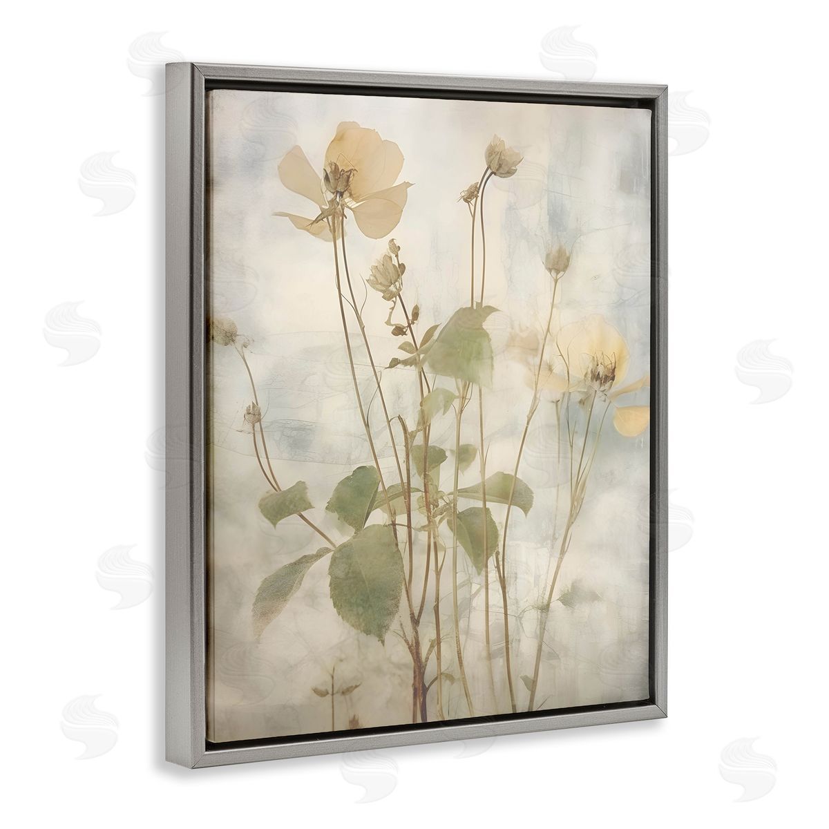 Lettered and Lined Soft Botanicals Pattern Gray Floating Frame Canvas Wall Art Print