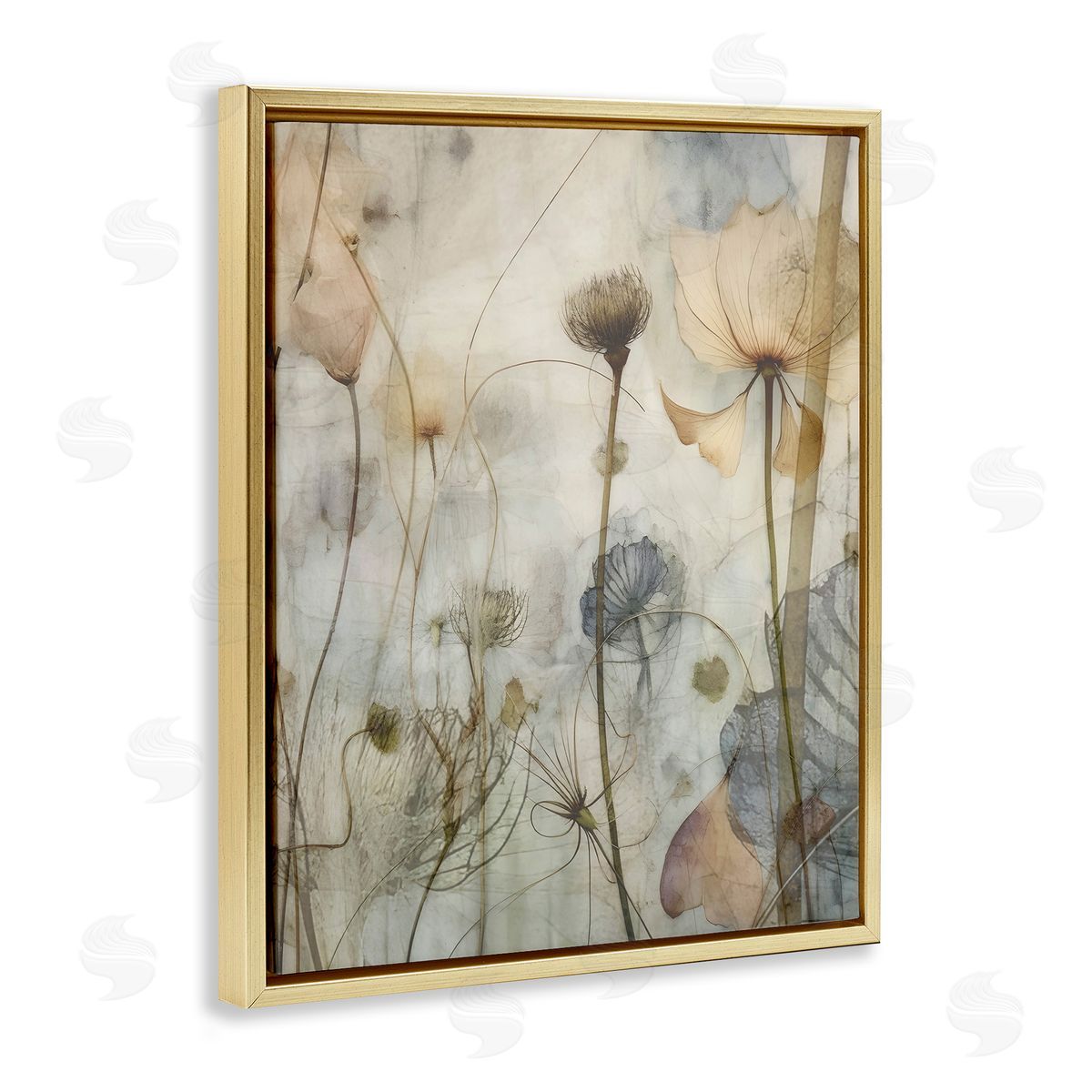 Lettered and Lined Subtle Botanicals Pattern Gold Floating Frame Canvas Wall Art Print