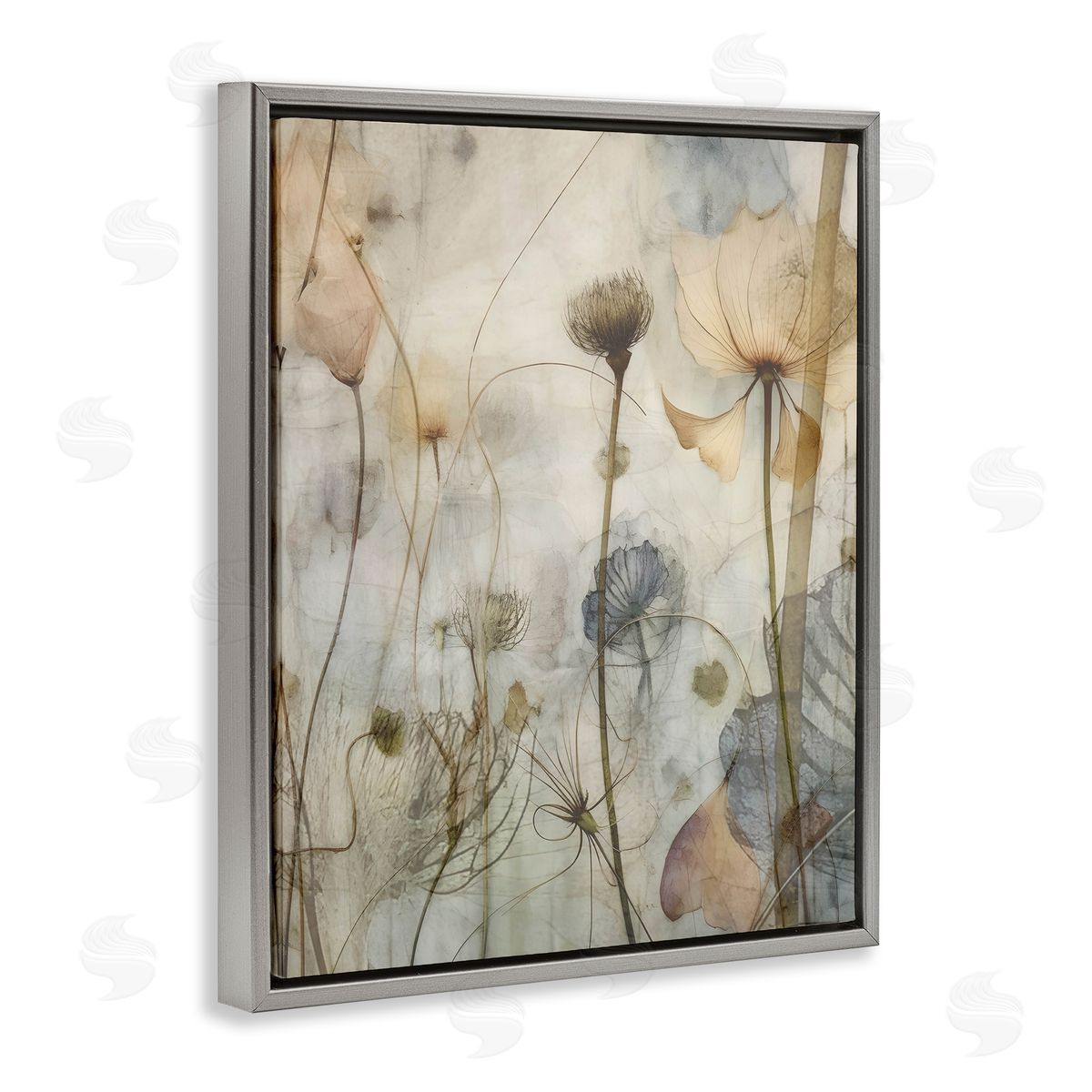 Lettered and Lined Subtle Botanicals Pattern Gray Floating Frame Canvas Wall Art Print