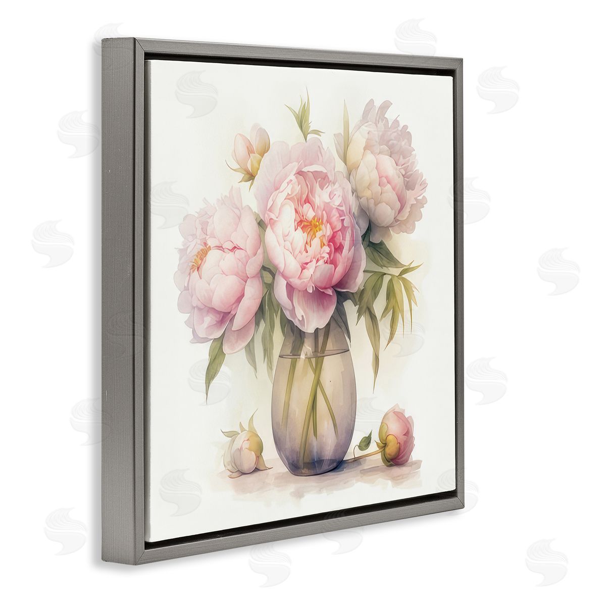 LSR Design Studio Charming Pink Peonies Gray Floating Frame Canvas Wall Art Print