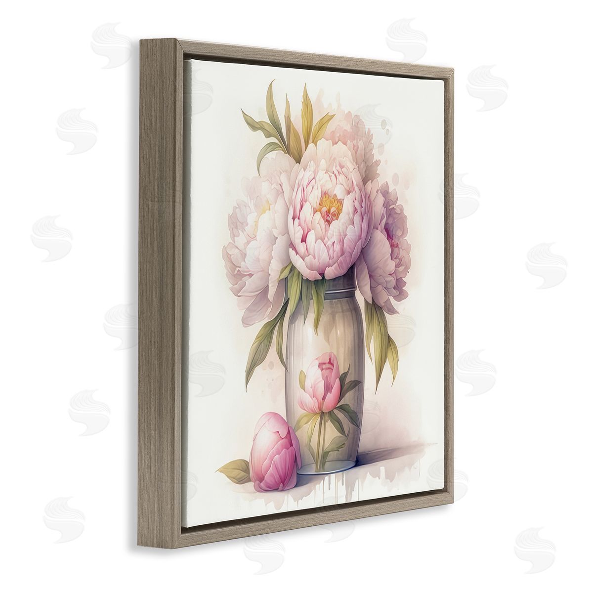 LSR Design Studio Soft Pink Peonies Brown Floating Frame Canvas Wall Art Print