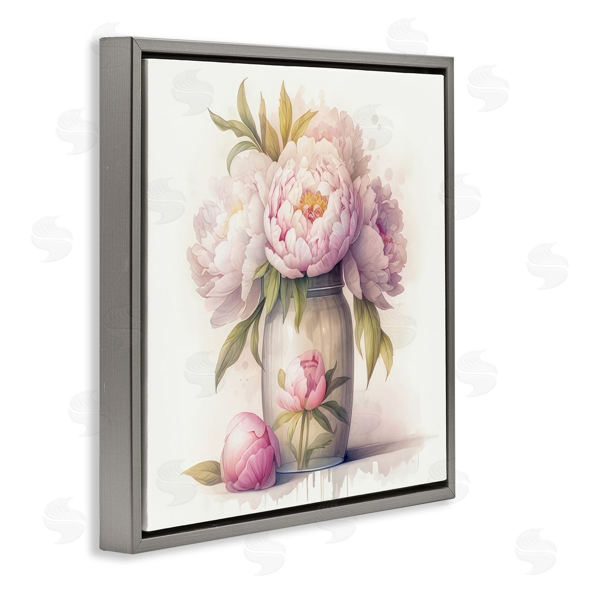 LSR Design Studio Soft Pink Peonies Gray Floating Frame Canvas Wall Art Print