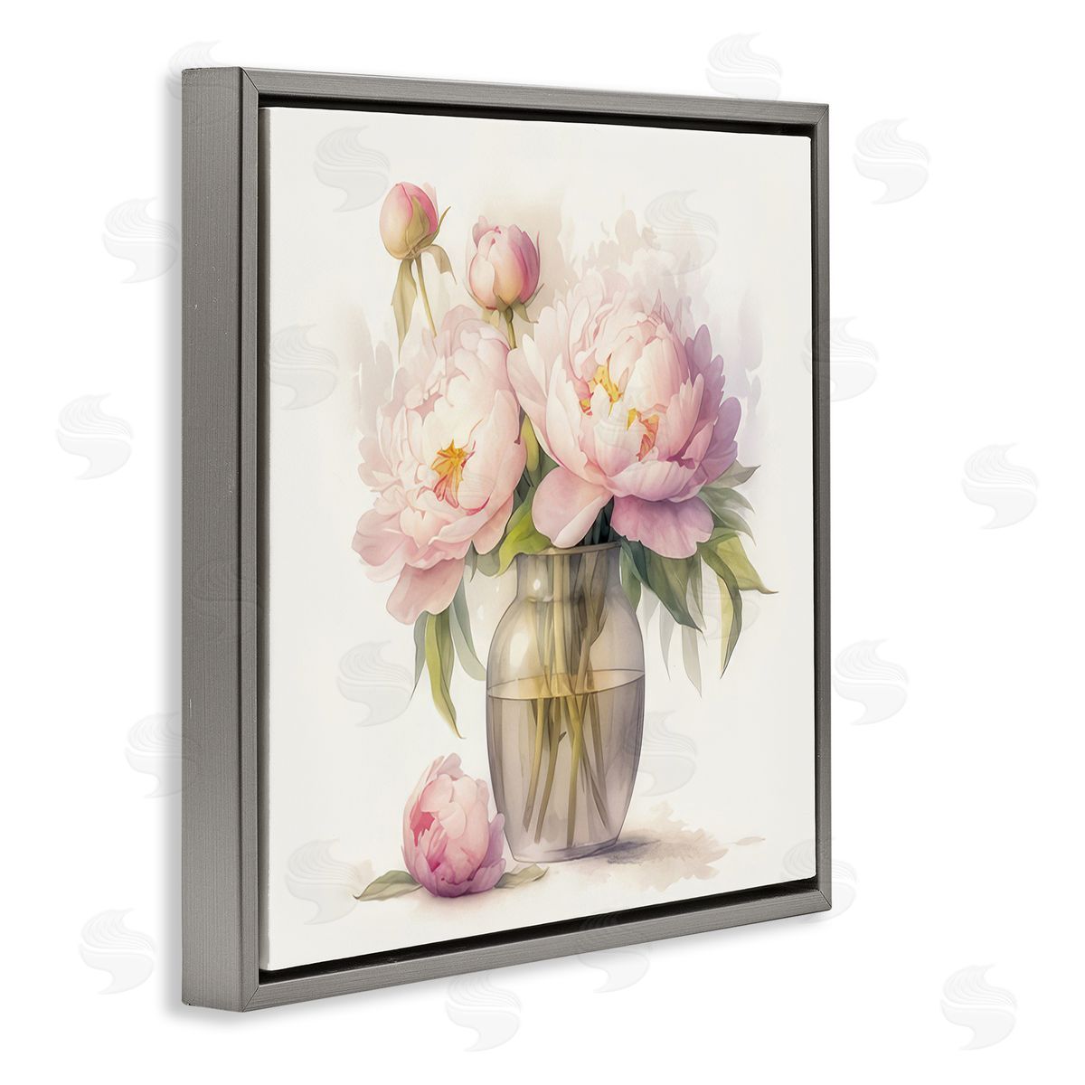 LSR Design Studio Subtle Blush Peonies Gray Floating Frame Canvas Wall Art Print