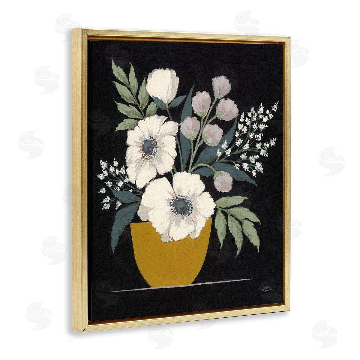 Potted Flower Bouquet Gold Floating Frame Canvas Wall Art, Home Decor by Michele Norman