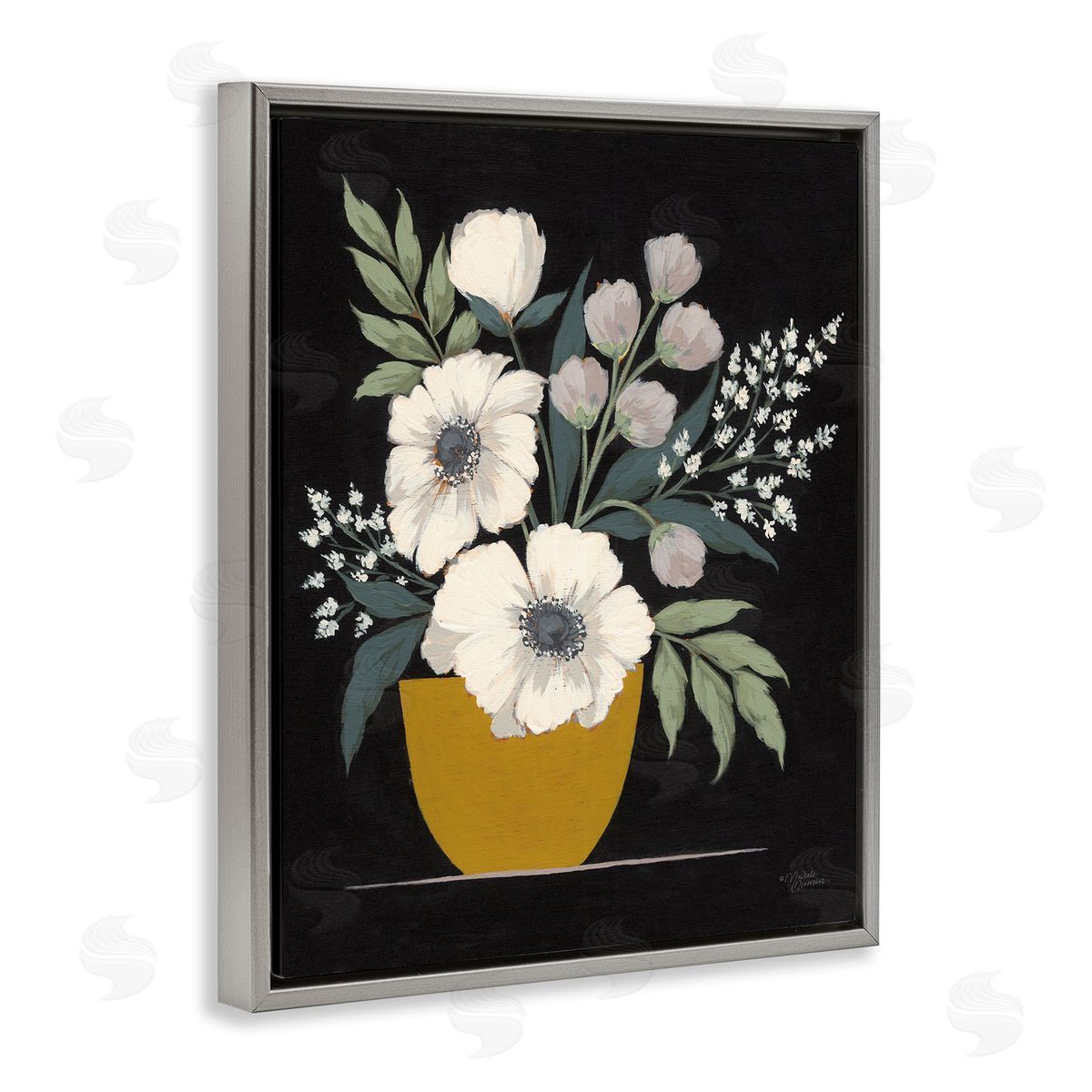 Potted Flower Bouquet Grey Floating Frame Canvas Wall Art, Home Decor by Michele Norman