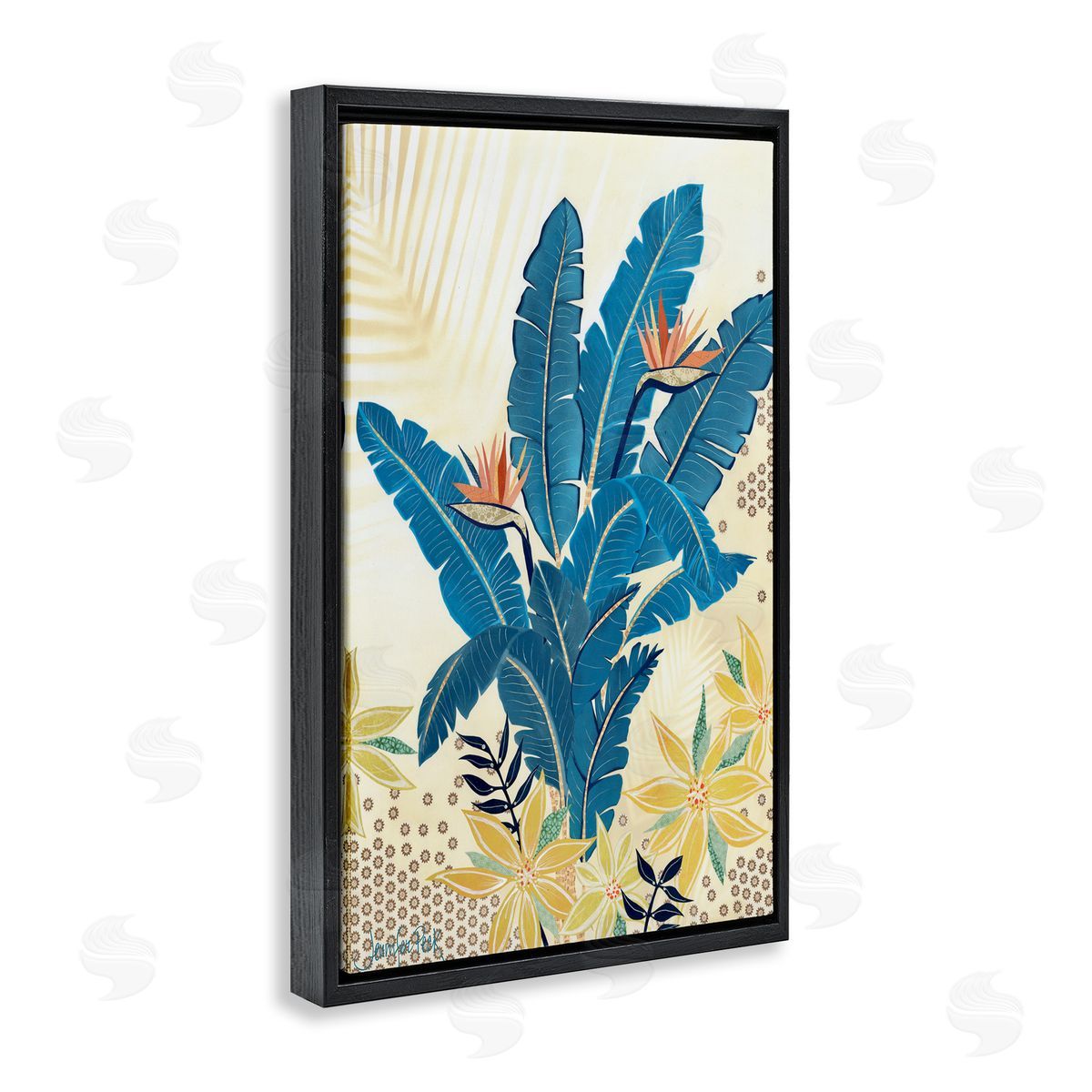 Blue Birds Of Paradise Black Floating Frame Canvas Wall Art, Home Decor by Jennifer Peck