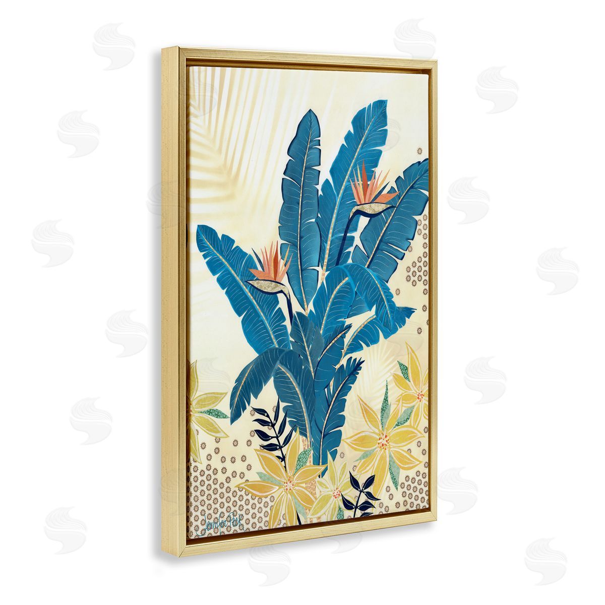 Blue Birds Of Paradise Gold Floating Frame Canvas Wall Art, Home Decor by Jennifer Peck