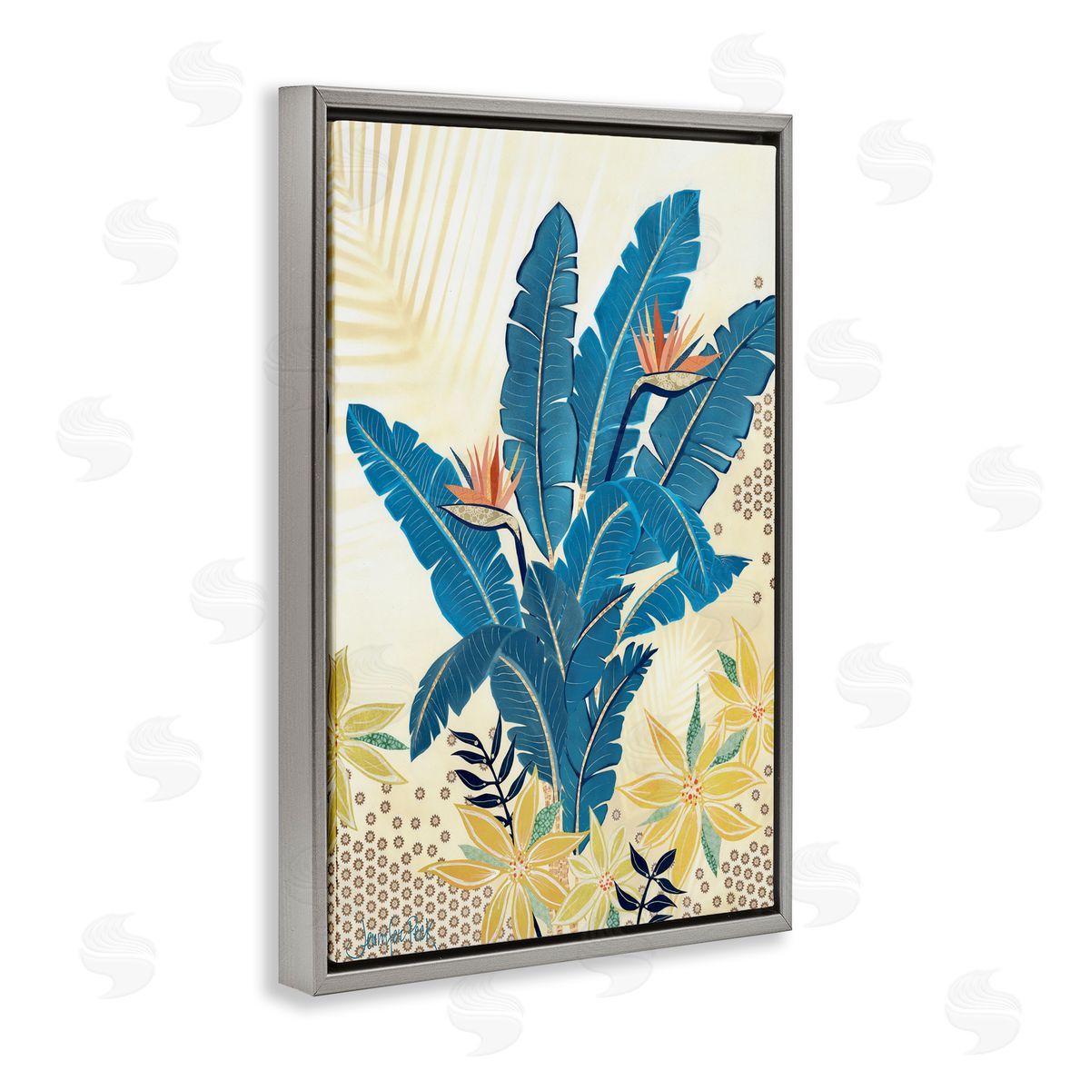 Blue Birds Of Paradise Grey Floating Frame Canvas Wall Art, Home Decor by Jennifer Peck
