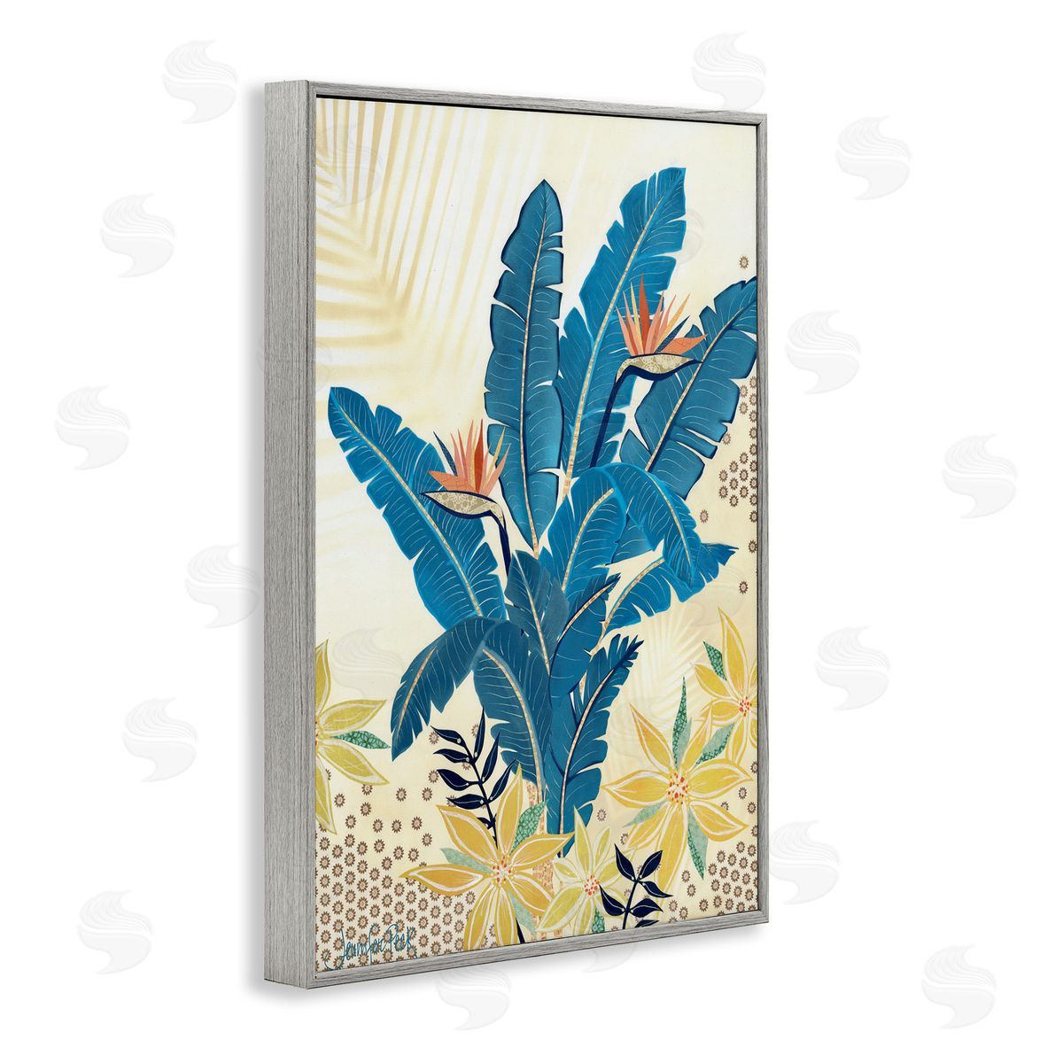 Blue Birds Of Paradise Grey Frame Print Wall Art, Home Decor by Jennifer Peck