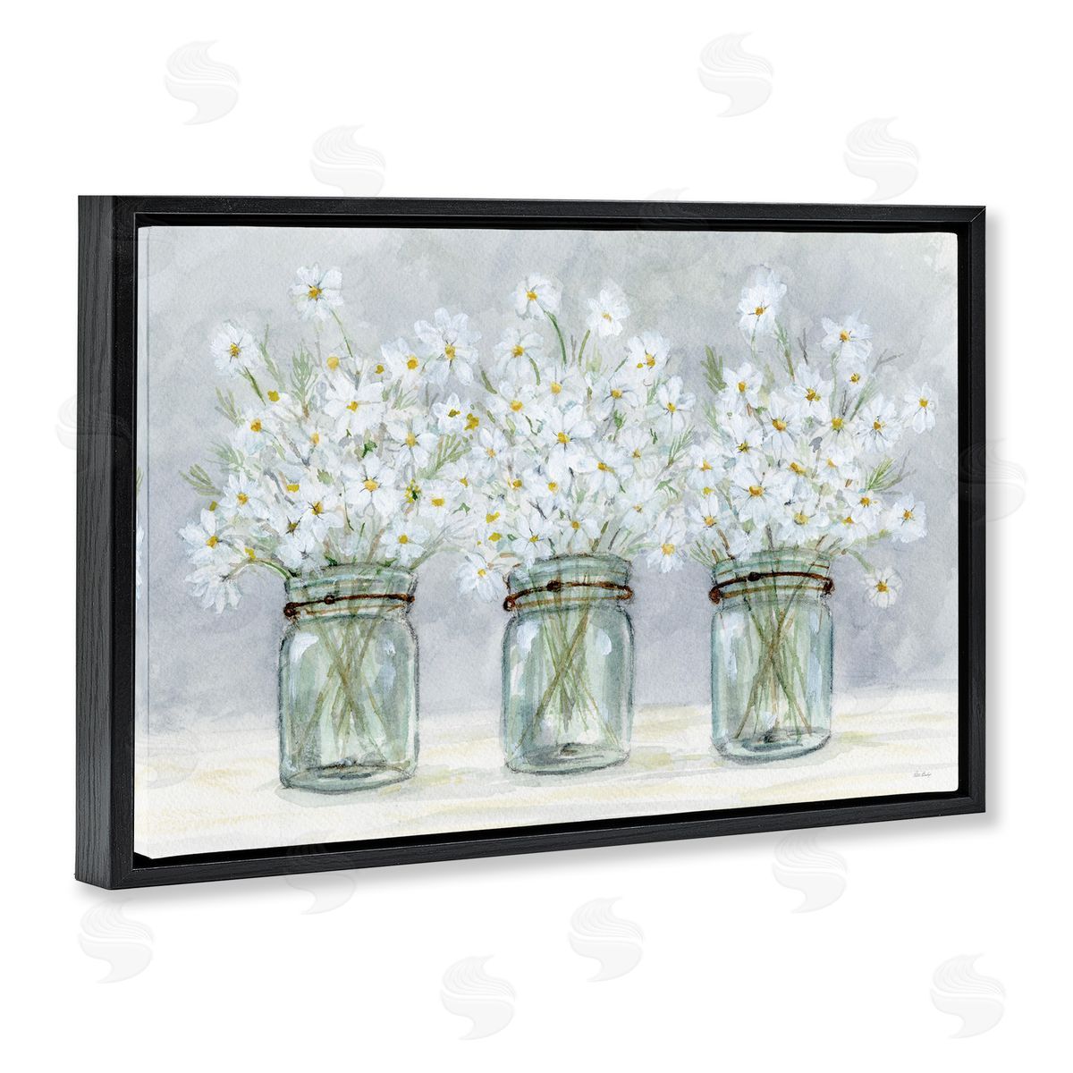 Daisies In Jars Black Floating Frame Canvas Wall Art, Home Decor by Patti Bishop