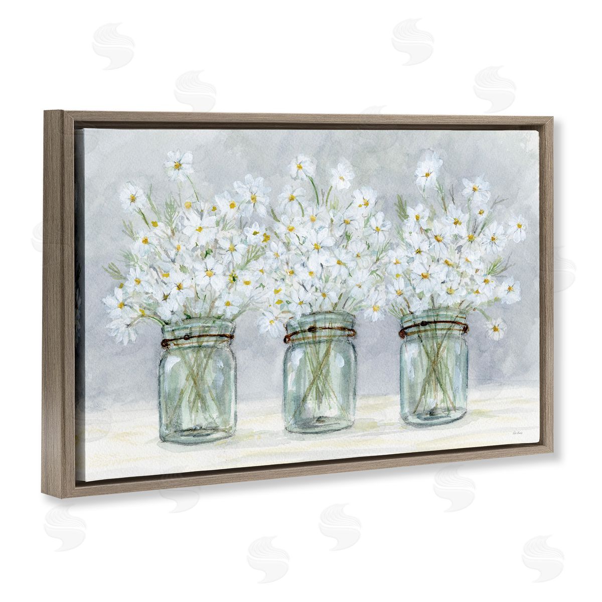 Daisies In Jars Brown Floating Frame Canvas Wall Art, Home Decor by Patti Bishop