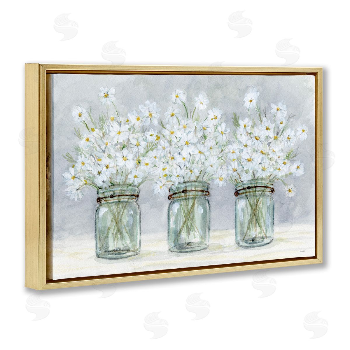 Daisies In Jars Gold Floating Frame Canvas Wall Art, Home Decor by Patti Bishop