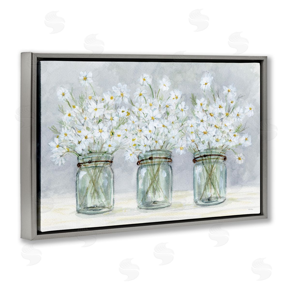 Daisies In Jars Grey Floating Frame Canvas Wall Art, Home Decor by Patti Bishop
