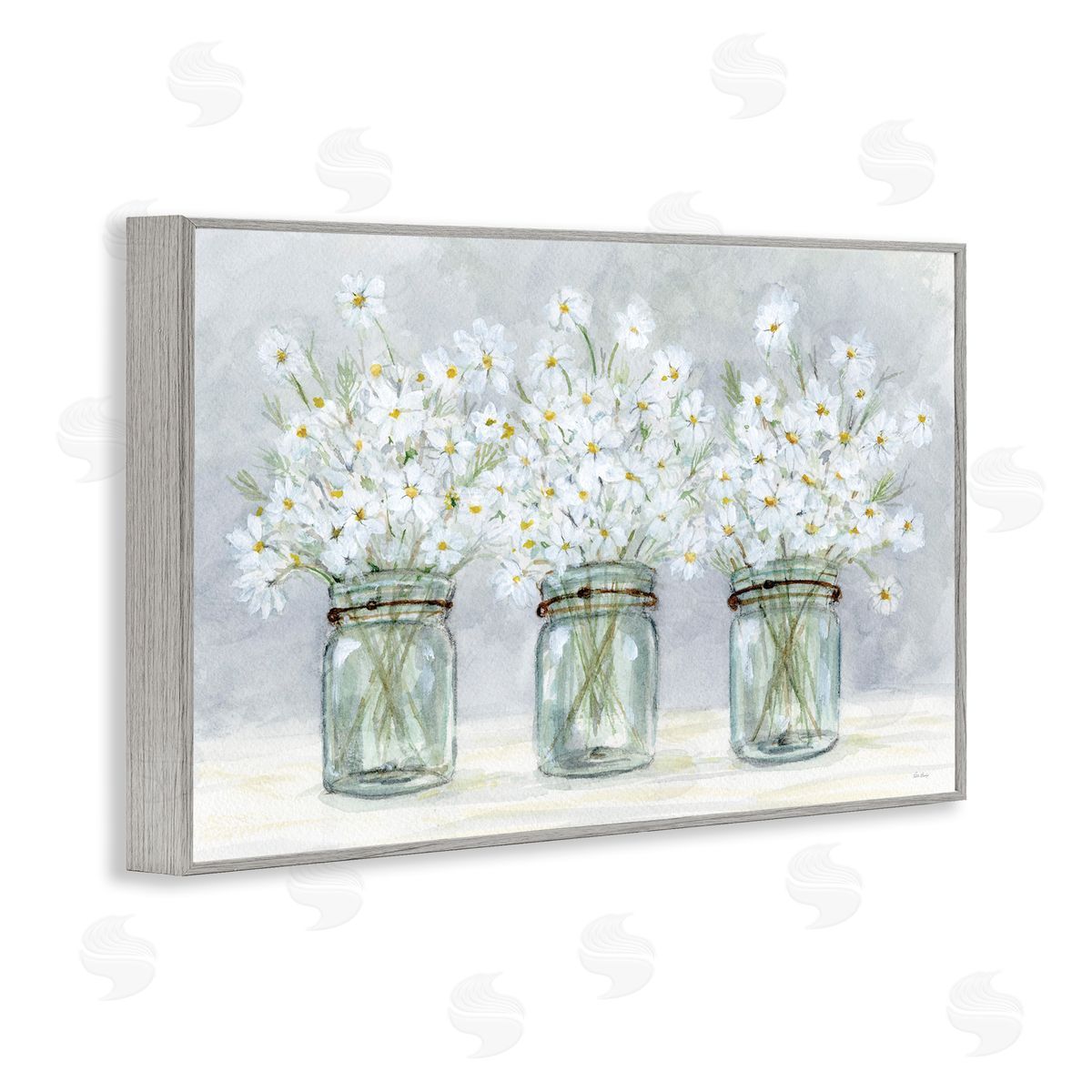 Daisies In Jars Grey Frame Print Wall Art, Home Decor by Patti Bishop
