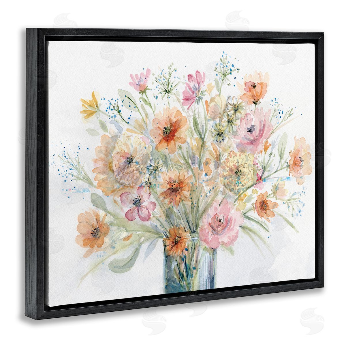 Peach Pink Bouquet Black Floating Frame Canvas Wall Art, Home Decor by Patti Bishop