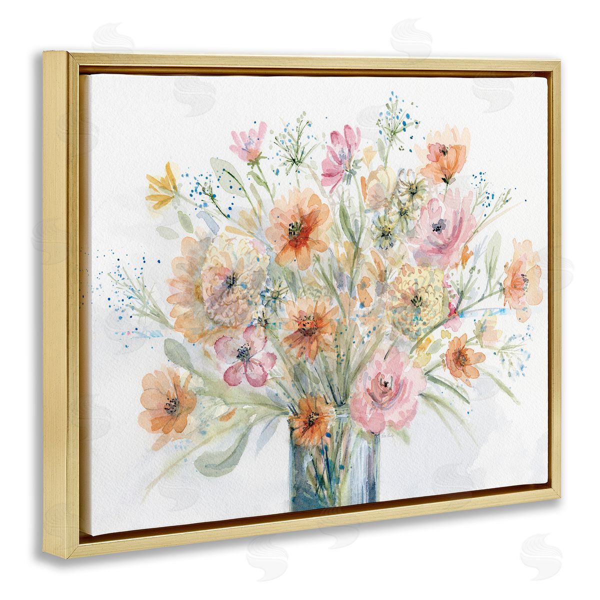 Peach Pink Bouquet Gold Floating Frame Canvas Wall Art, Home Decor by Patti Bishop