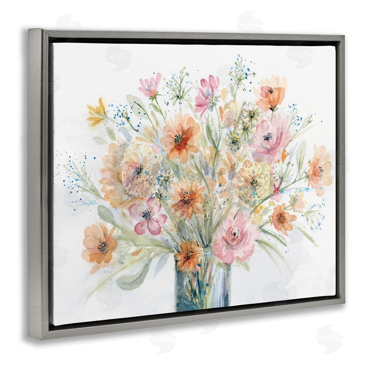 Peach Pink Bouquet Grey Floating Frame Canvas Wall Art, Home Decor by Patti Bishop
