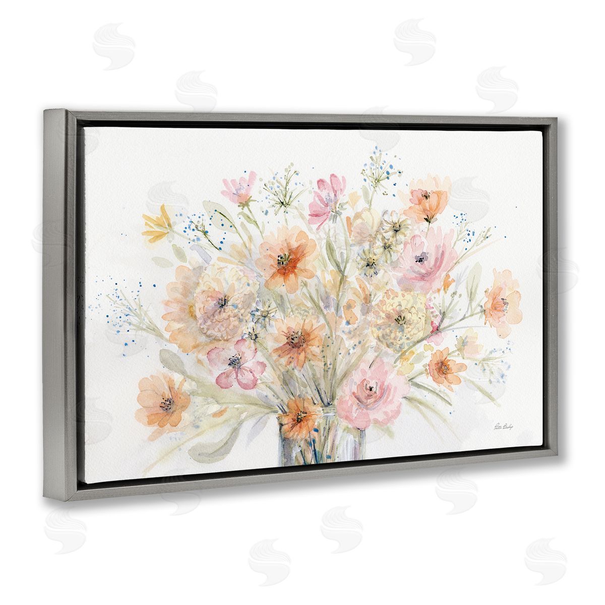 Patti Bishop Blush Pink Bouquet Gray Floating Frame Canvas Wall Art Print