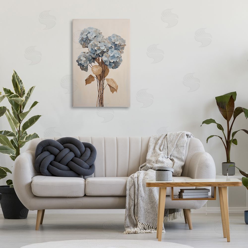 Petal Prints Design Vintage Blue Hydrangea Canvas Wall Art Print in Room