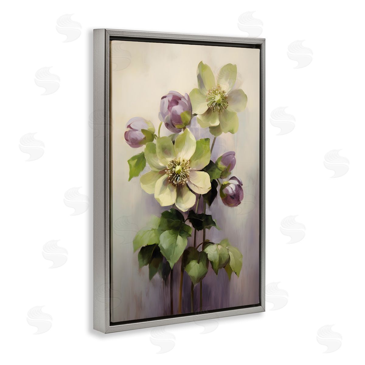 Green and Purple Flowers Grey Floating Frame Canvas Wall Art, Home Decor by Petals Prints Design