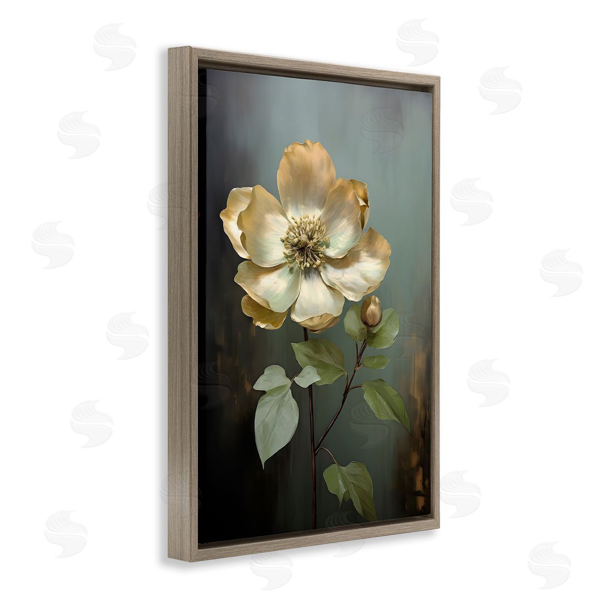 White Floret Petals Brown Floating Frame Canvas Wall Art, Home Decor by Petals Prints Design