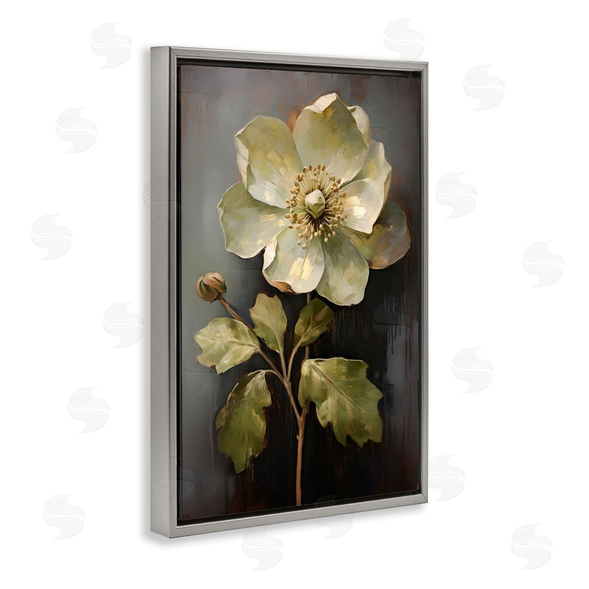 White Magnolia Floret Grey Floating Frame Canvas Wall Art, Home Decor by Petals Prints Design