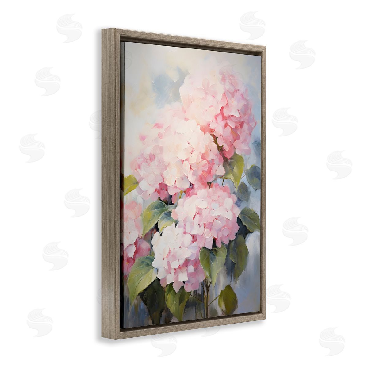 Pale Pink Hydrangea Brown Floating Frame Canvas Wall Art, Home Decor by Petals Prints Design