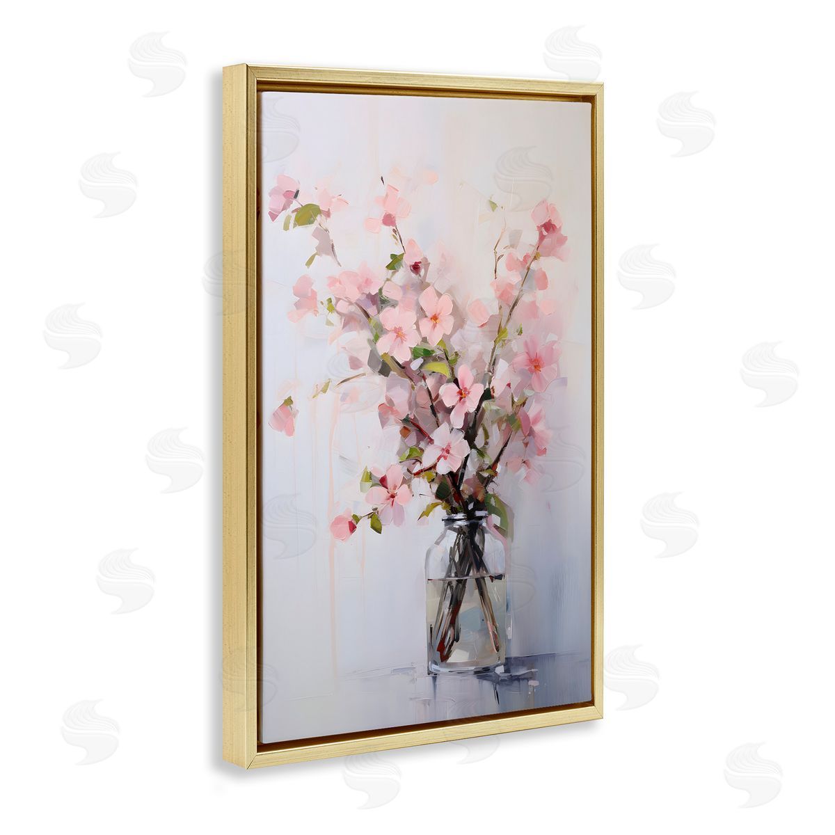 Soft Sakura Vase Gold Floating Frame Canvas Wall Art, Home Decor by Petals Prints Design