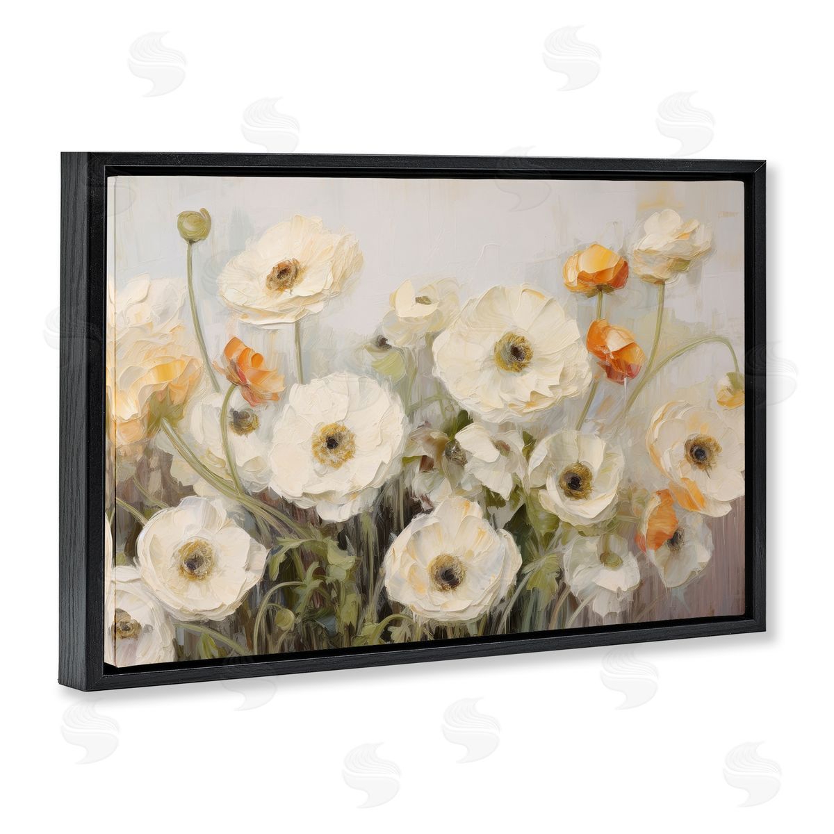 Petal Prints Design White Ranunculus Blooms Black Floating Frame Canvas Wall Art Print