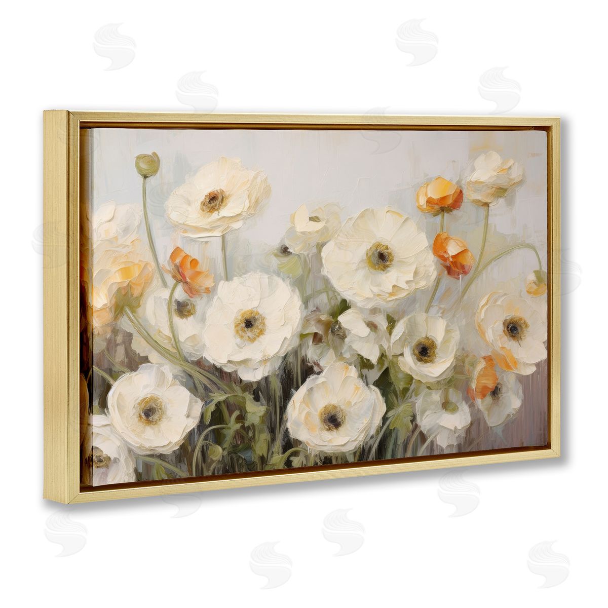 Petal Prints Design White Ranunculus Blooms Gold Floating Frame Canvas Wall Art Print