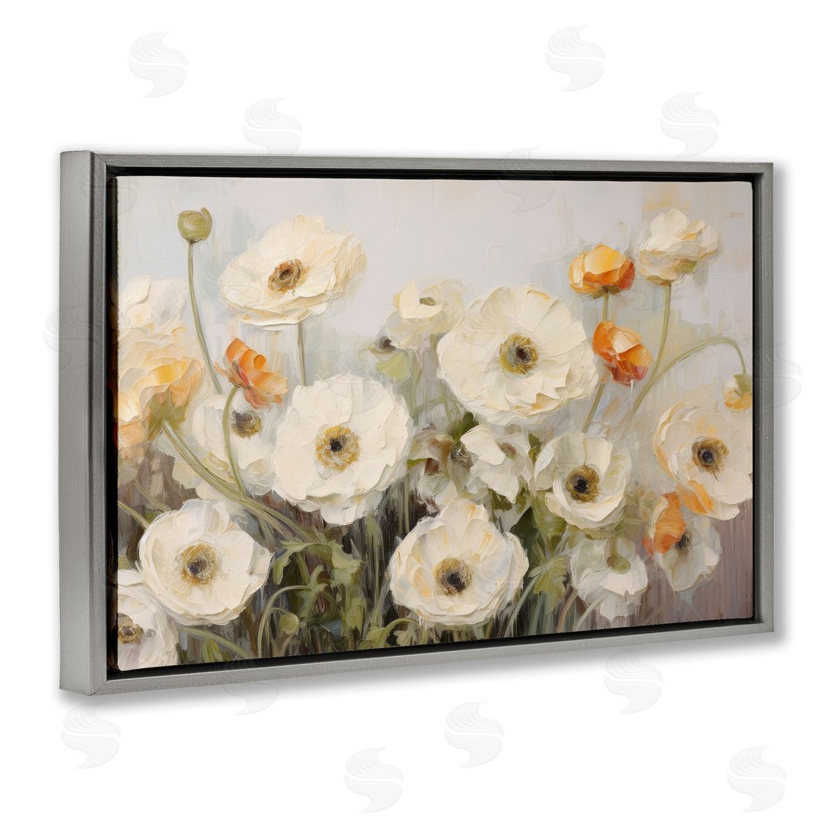 Petal Prints Design White Ranunculus Blooms Gray Floating Frame Canvas Wall Art Print