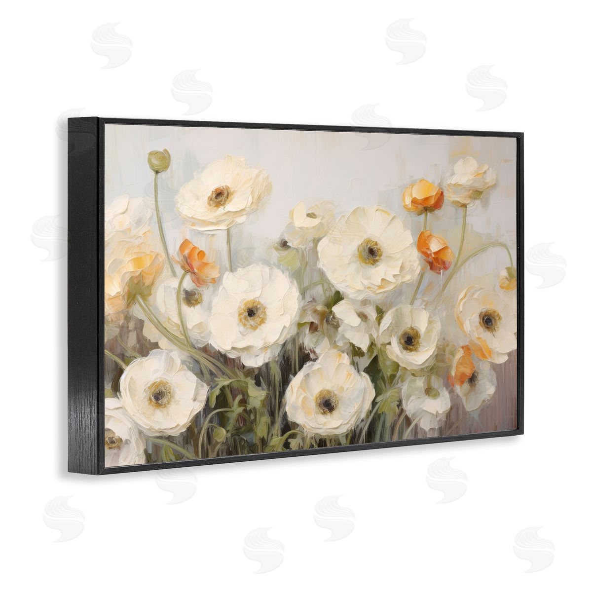 Petal Prints Design White Ranunculus Blooms Black Framed Giclee Wall Art Print