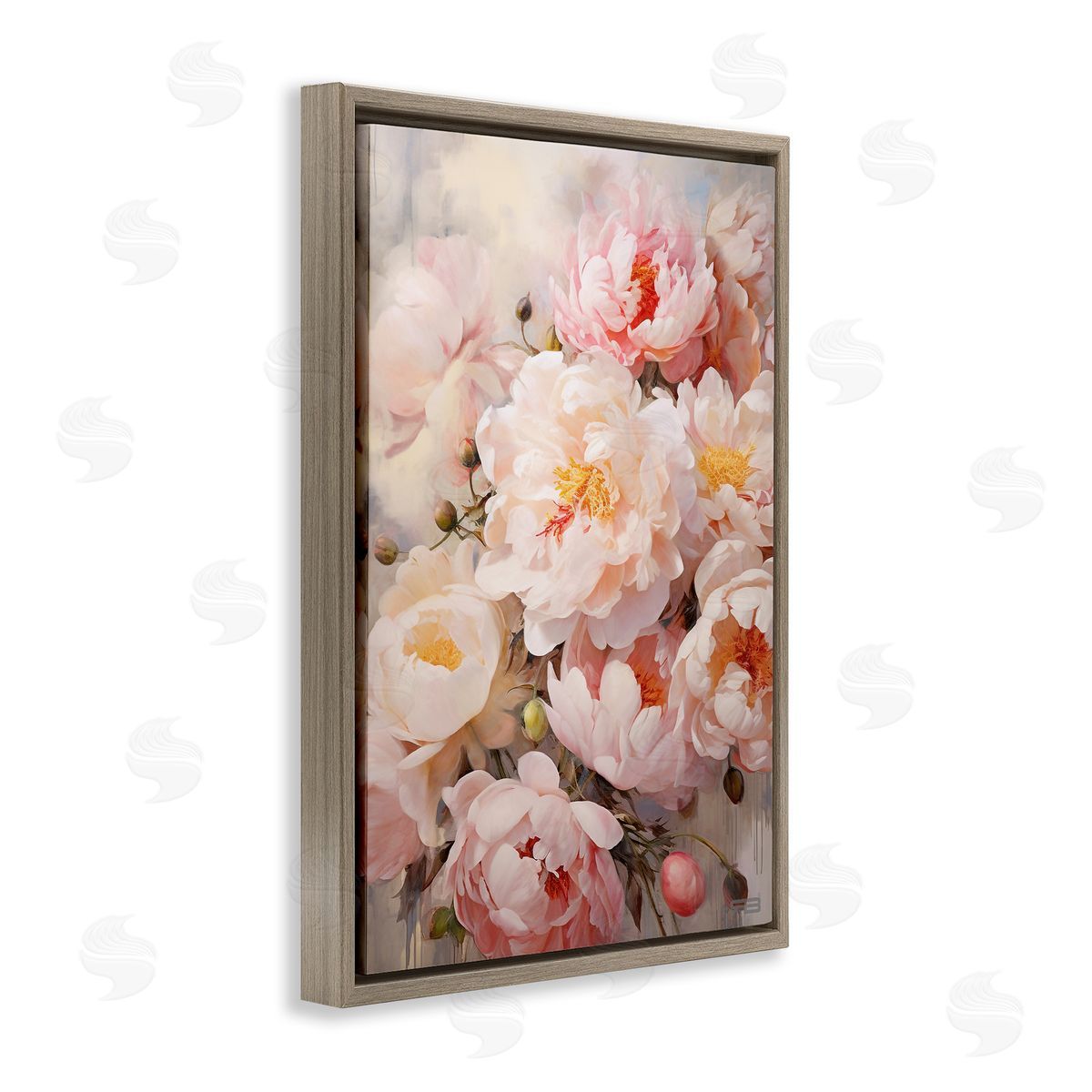 Pink Peonies Collage Brown Floating Frame Canvas Wall Art, Home Decor by Roozbeh Bahramali