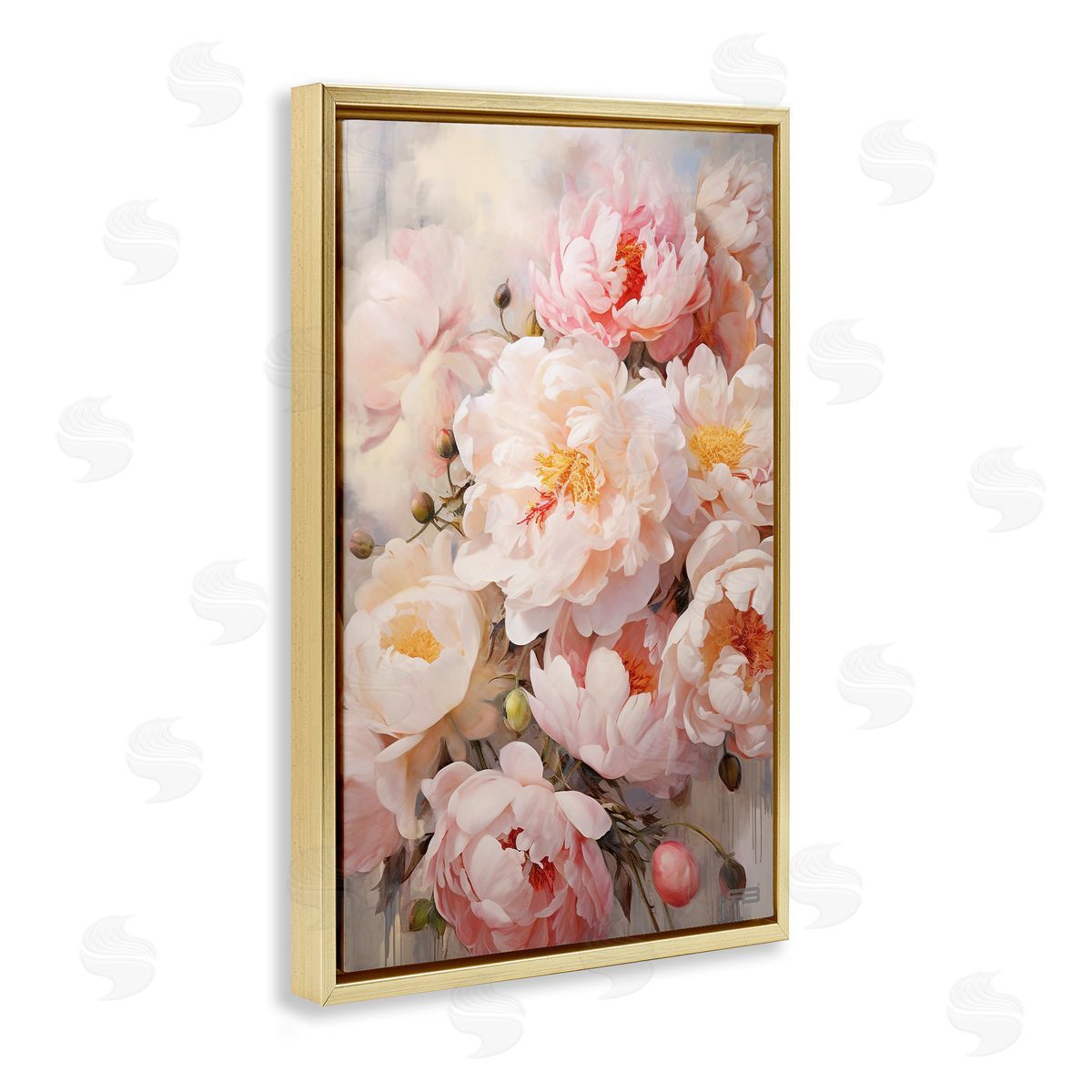 Pink Peonies Collage Gold Floating Frame Canvas Wall Art, Home Decor by Roozbeh Bahramali