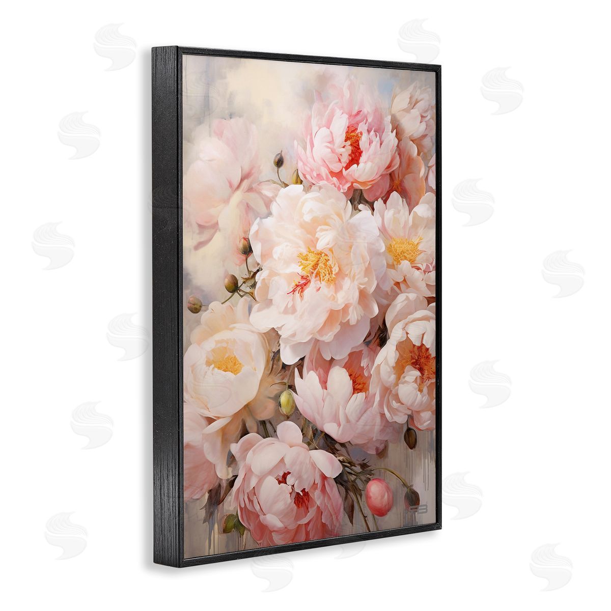 Pink Peonies Collage Black Frame Print Wall Art, Home Decor by Roozbeh Bahramali