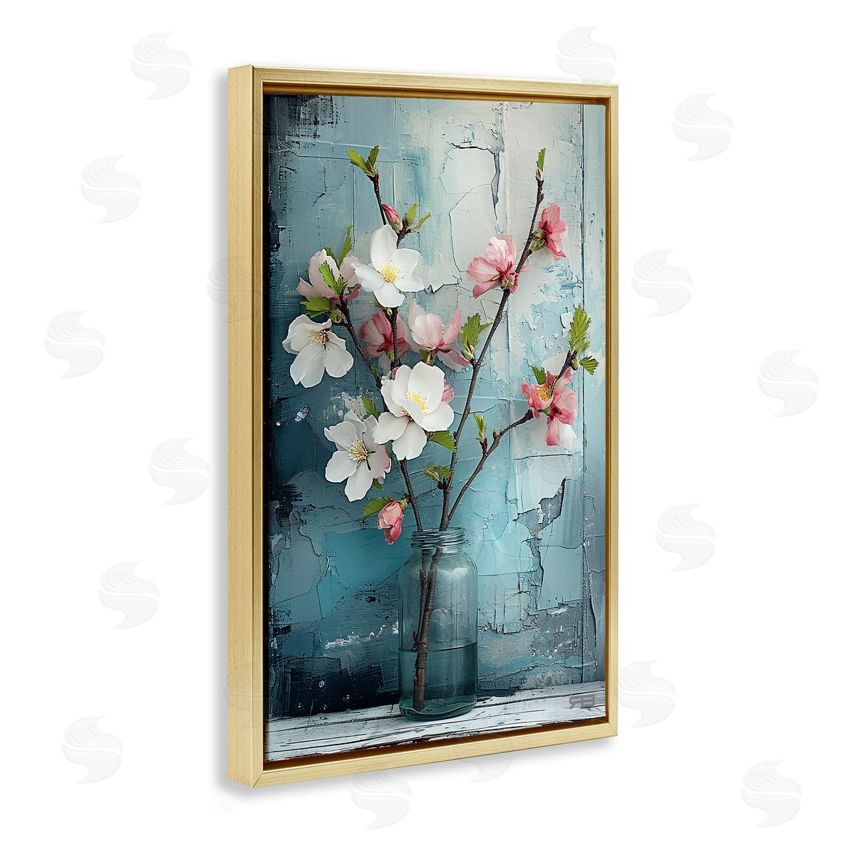 Distressed Magnolia Vase Gold Floating Frame Canvas Wall Art, Home Decor by Roozbeh Bahramali