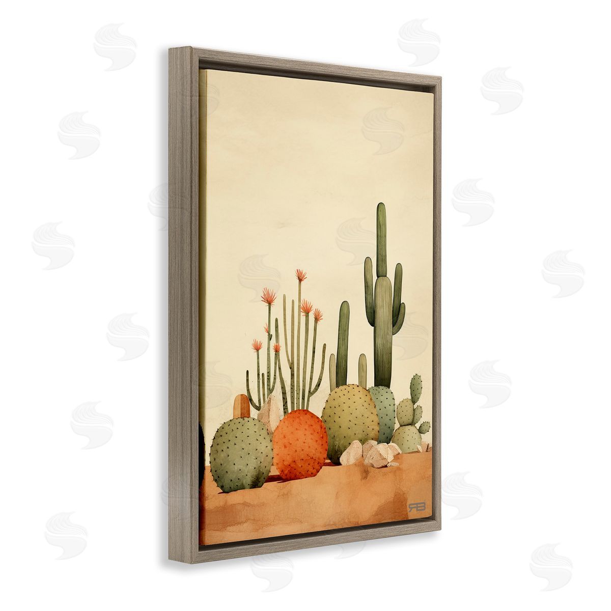 Desert Cactus Scenery Brown Floating Frame Canvas Wall Art, Home Decor by Roozbeh Bahramali