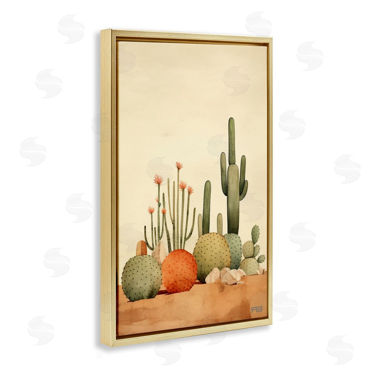 Desert Cactus Scenery Gold Floating Frame Canvas Wall Art, Home Decor by Roozbeh Bahramali
