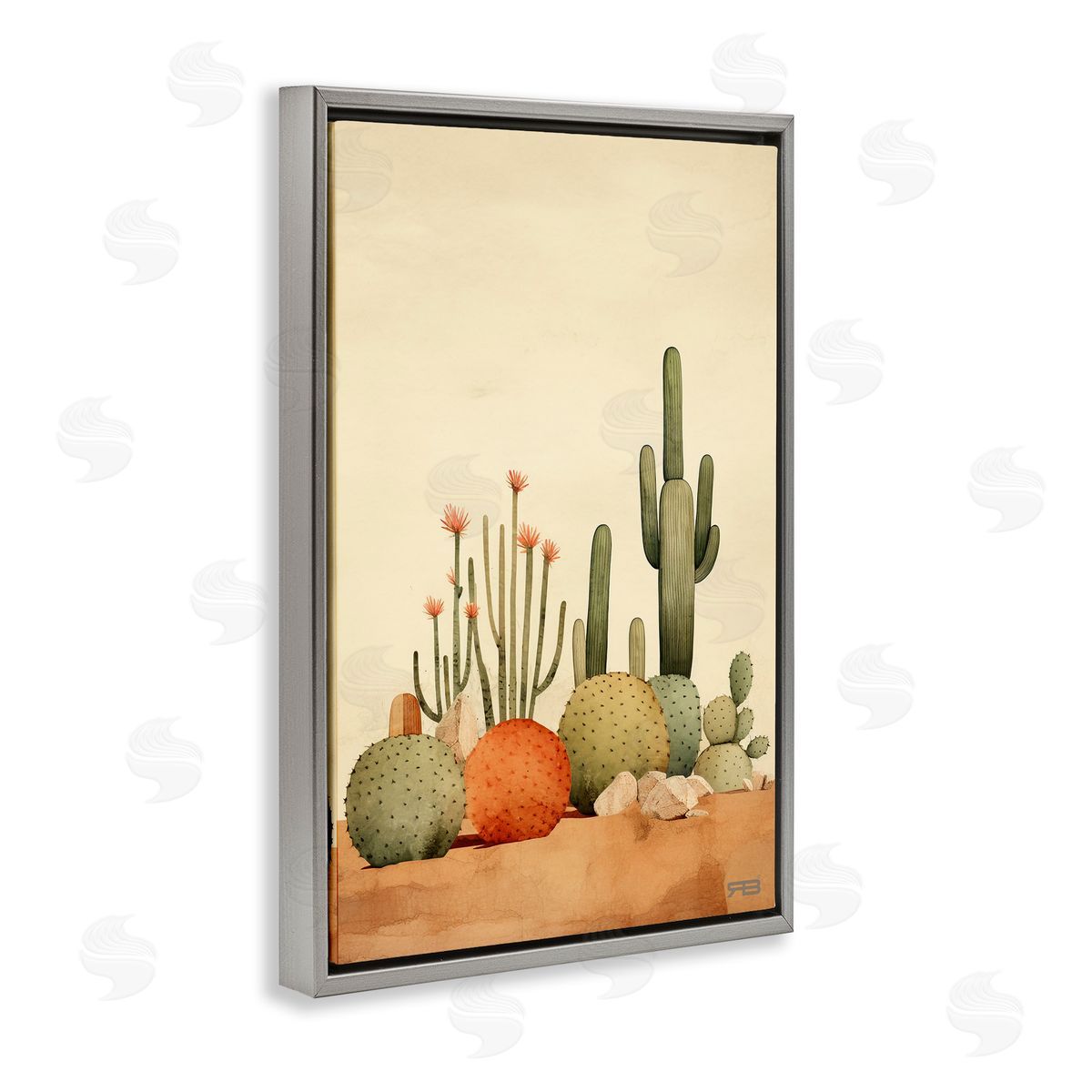 Desert Cactus Scenery Grey Floating Frame Canvas Wall Art, Home Decor by Roozbeh Bahramali