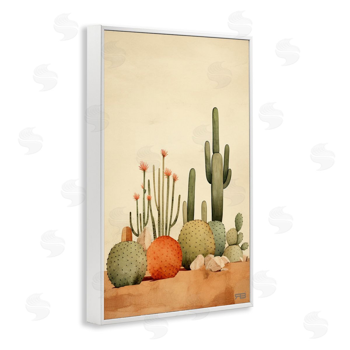 Desert Cactus Scenery White Frame Print Wall Art, Home Decor by Roozbeh Bahramali