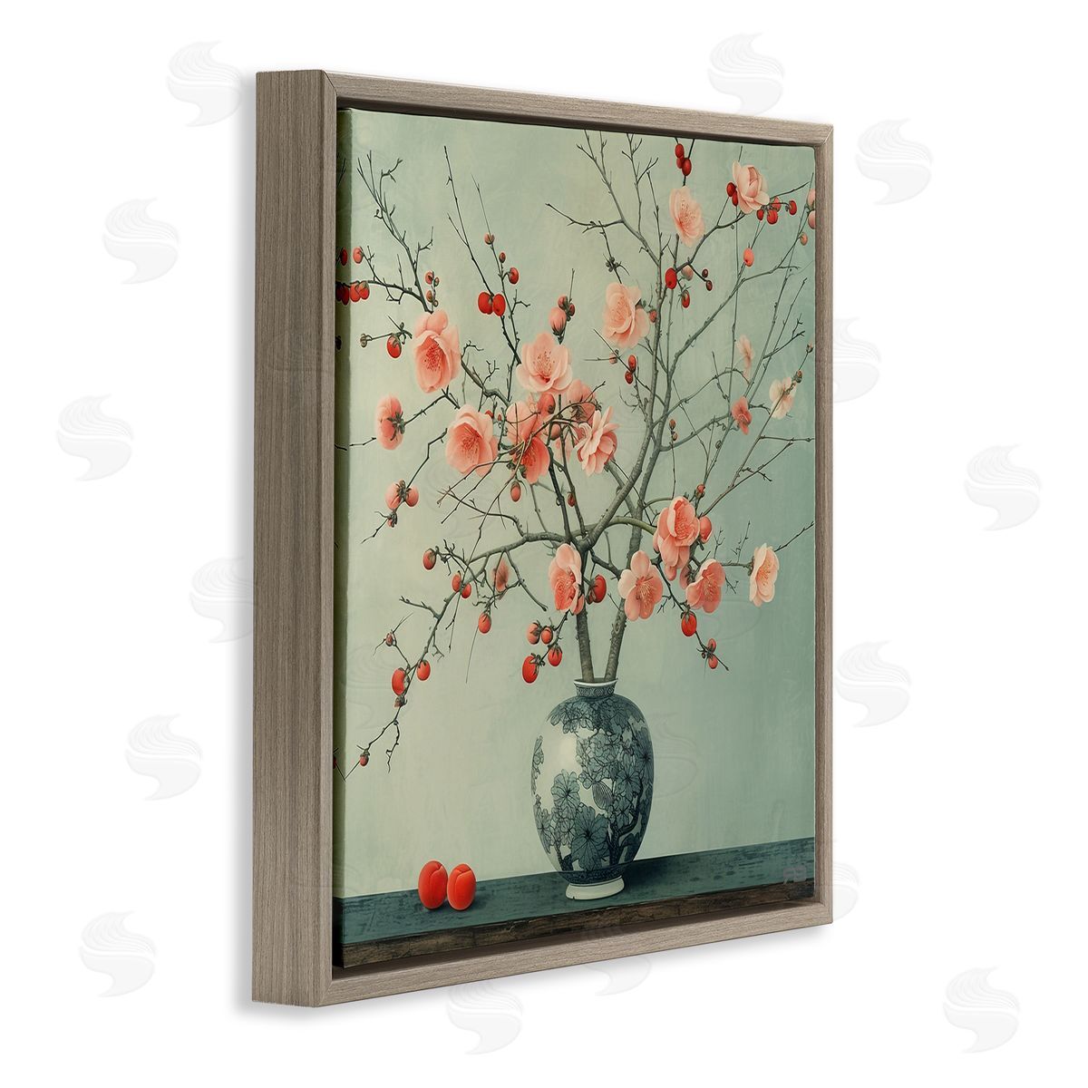 RB Historical Flower Vase Brown Floating Frame Canvas Wall Art Print
