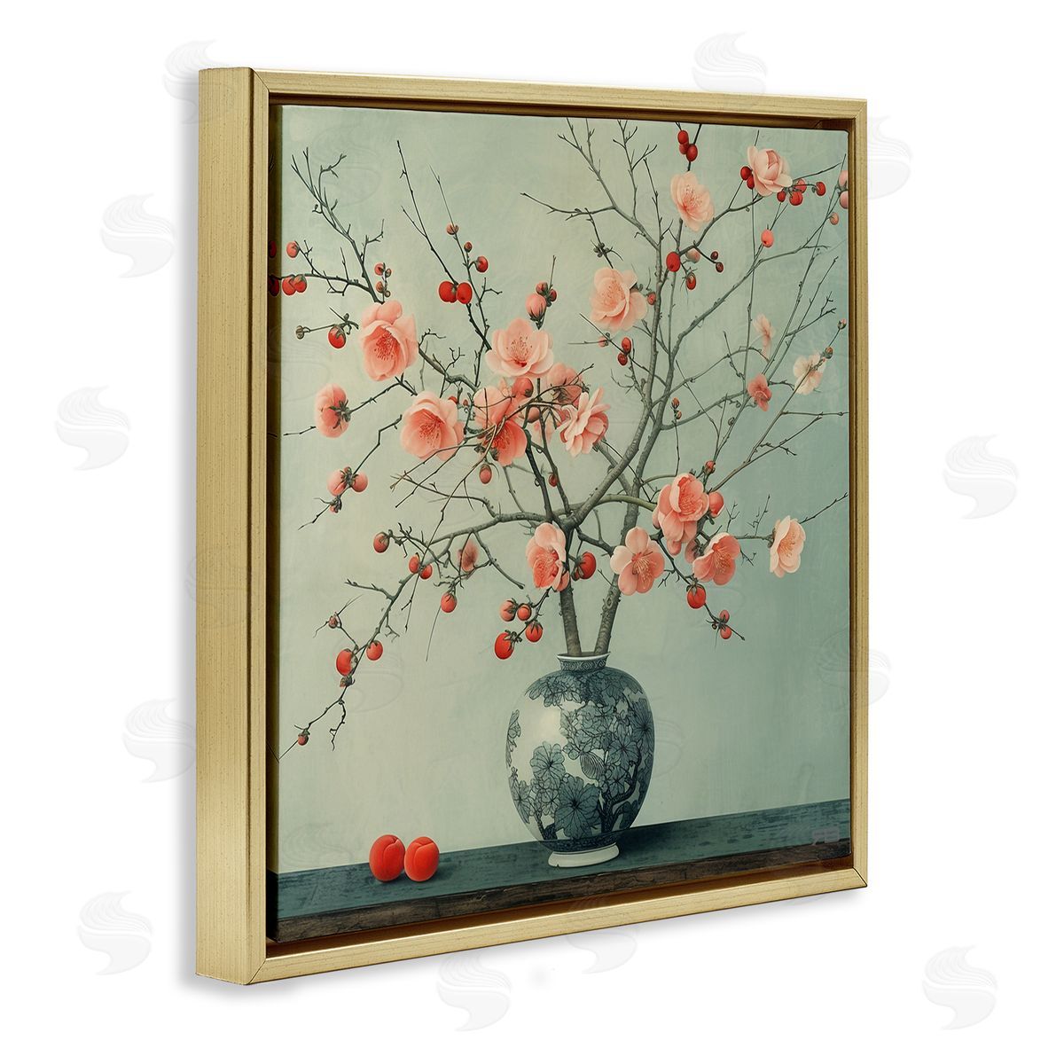 RB Historical Flower Vase Gold Floating Frame Canvas Wall Art Print