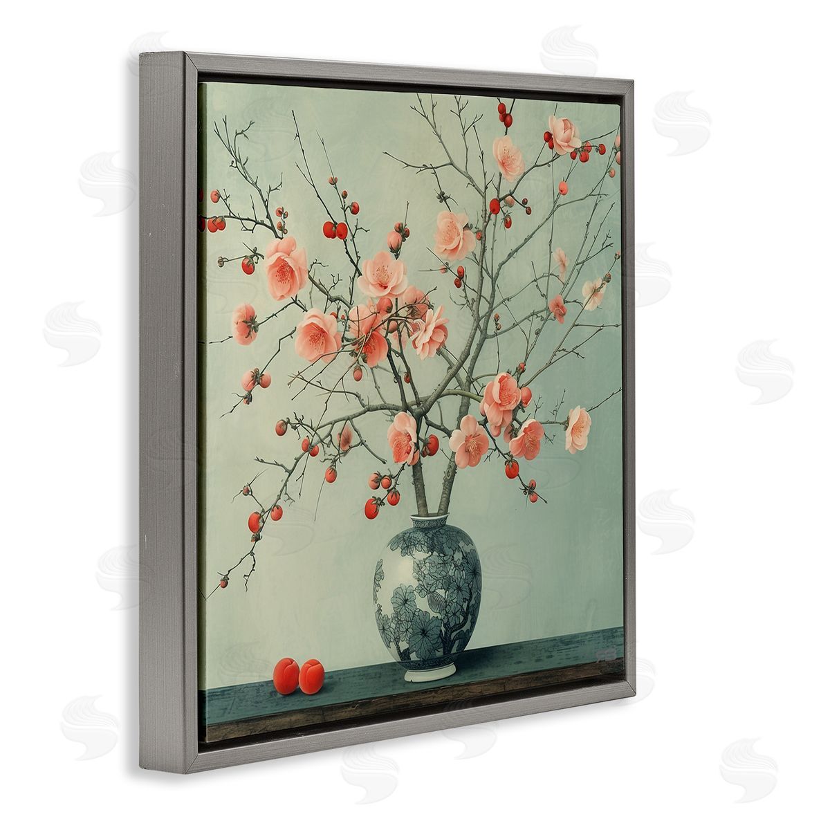 RB Historical Flower Vase Gray Floating Frame Canvas Wall Art Print